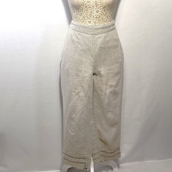 Chico's 100% Linen Women SZ 8 Cropped Crochet Hem  Pockets Elastic Waist Pants - Picture 1 of 14